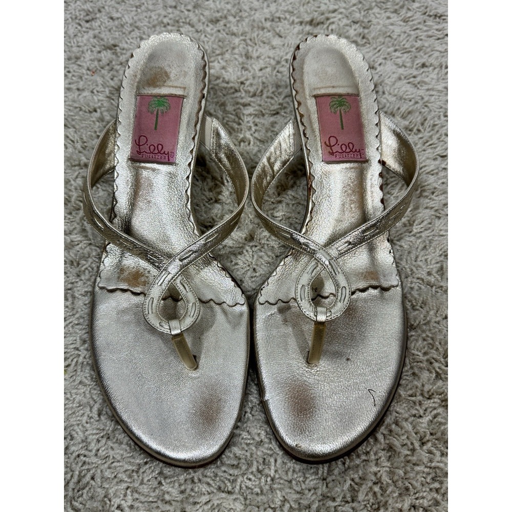 Lilly Pulitzer Metallic Gold Thong Kitten‎ Heel Slip On Sandals Size 9.5 Resort - Picture 2 of 12